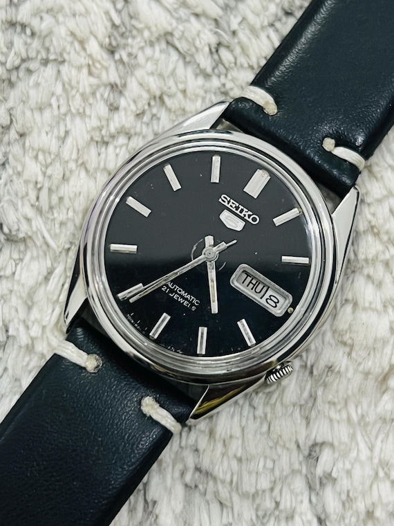 稼動】SEIKO 5 黒文字盤 21JEWELS 自動巻き ブラック セイコー5