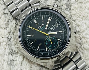 Vintage Rare 1980s Seiko Chronograph Helmet Black Dial Date & Day Movement No 6139-7100 Automatic Japan Made Men’s Wrist Watch~ Gift for him