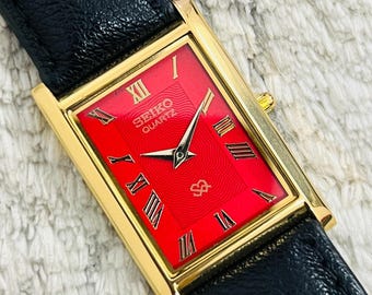 Vintage Seiko Slim Tank Quartz Analog Watch – Classic Red Dial, Slim Dress Watch