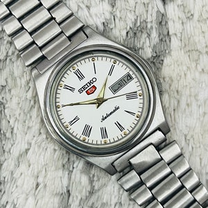 Vintage Seiko 5 Automatic White Dial Roman Numerals Day/Date Men&#39;s Wrist Watch~ Japan Made~ Gift for him