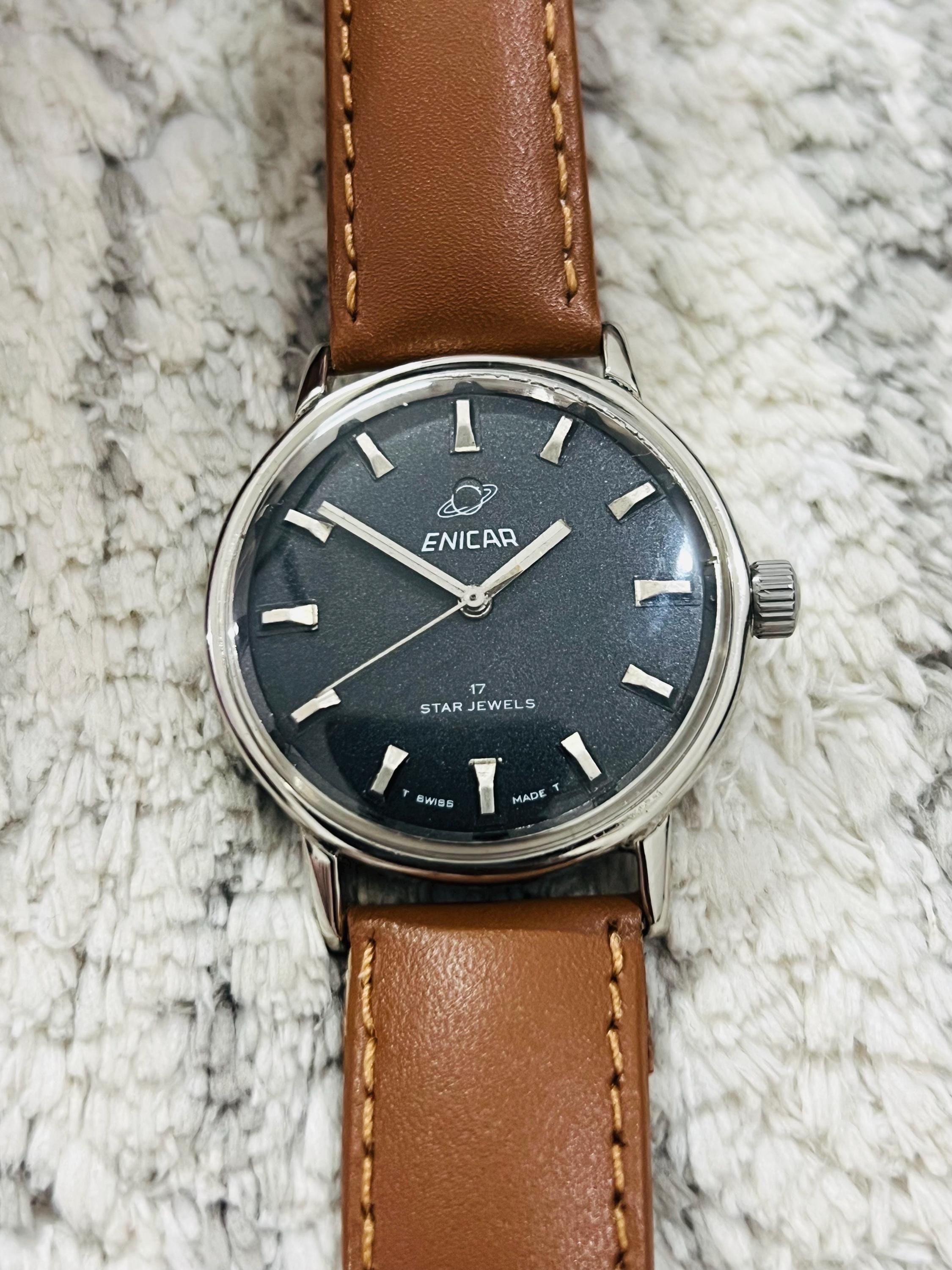 Vintage Enicar 17 Star Jewels Manual Winding Black Dial Swiss Made 