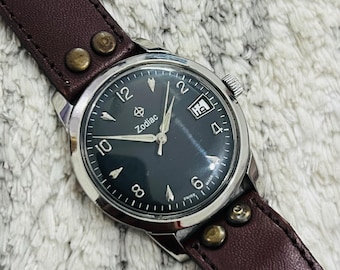 Vintage 1960er Jahre Zodiac Handaufzug Schwarzes Zifferblatt 17Jewels Swiss Made Armbanduhr ~ Swiss Made ~ Geschenk für Sie / Ihn
