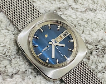 Vintage Enicar Big Size Automatic Blue Dial 25 Jewels Swiss Made Orologio da polso da uomo Movimento ETA