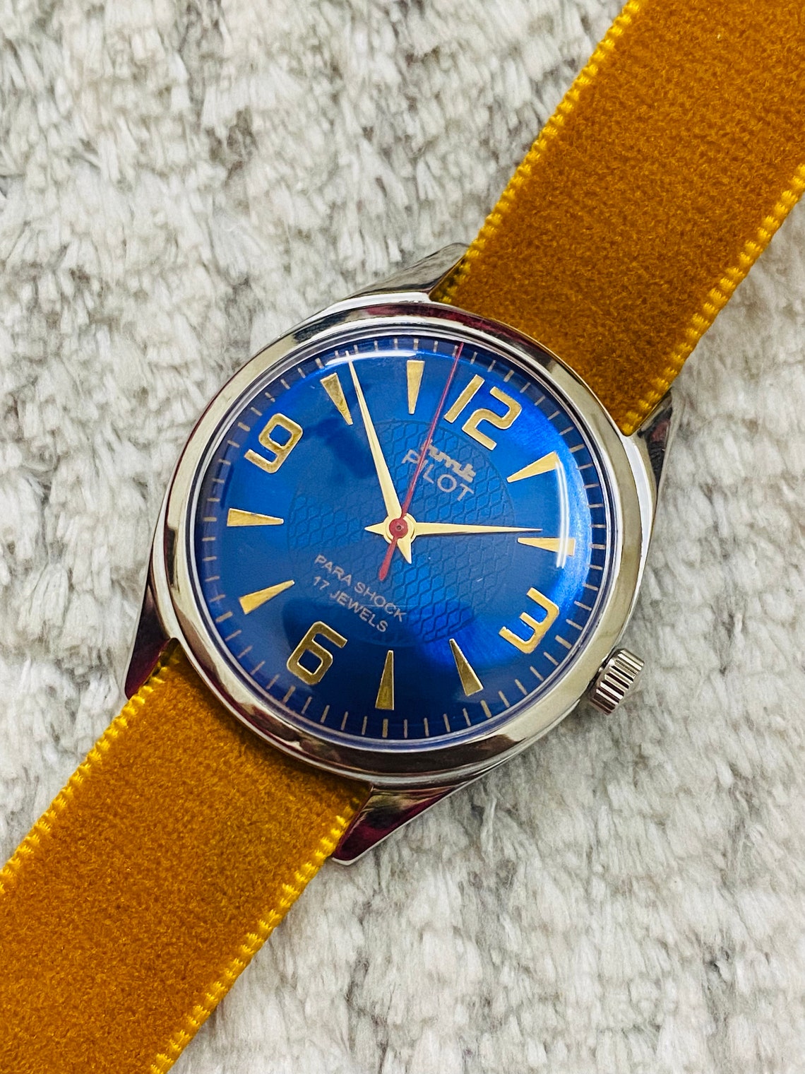 Vintage HMT Pilot Mechanical Handwinding Blue Dial 17Jewels Mens Wrist Watch, foto 2 di 5