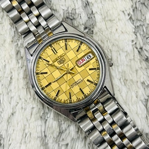 Vintage Seiko 5 Automatic Golden Pattern Dial Day/Date Movement No 7009-6001 Men&#39;s Wrist Watch~ Japan Made~ Gift for him