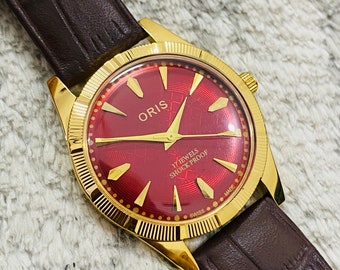 Raro vintage ORIS quadrante rosso movimento FHF a carica manuale ST-96 orologio da polso svizzero ~ Swiss Made ~ Regalo per lei/lui