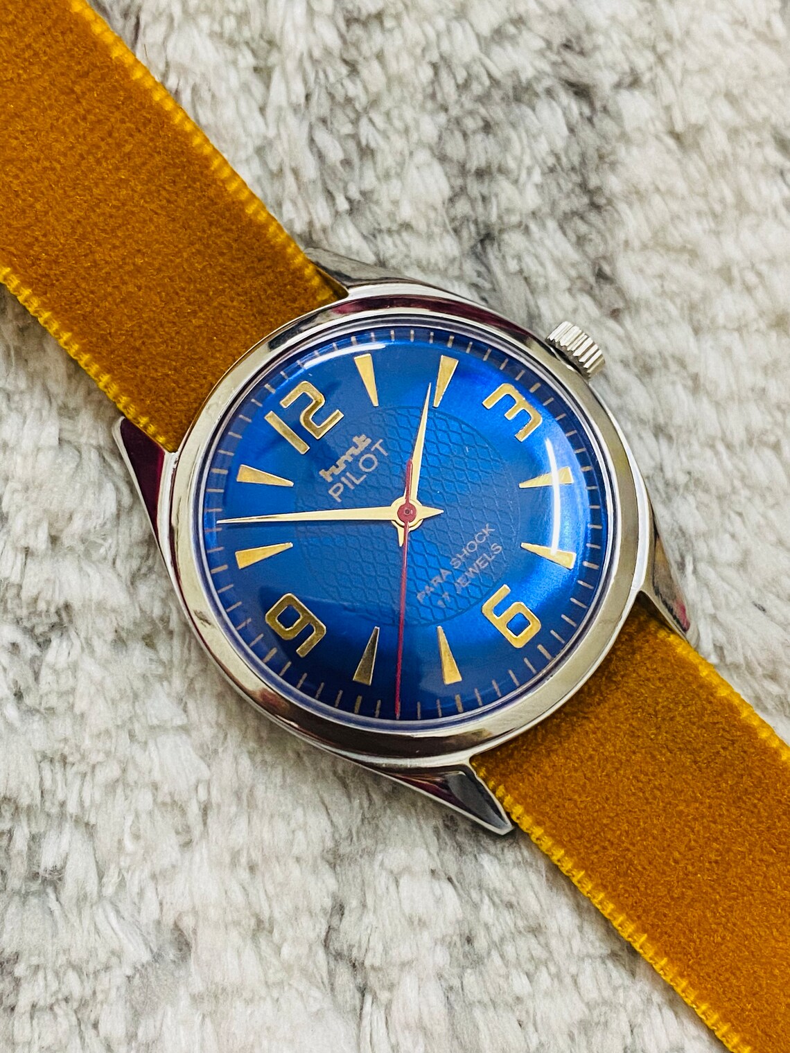 Vintage HMT Pilot Mechanical Handwinding Blue Dial 17Jewels Mens Wrist Watch, foto 1 di 5