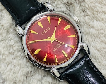 Raro vintage ORIS quadrante rosso carica manuale movimento FHF ST-96 orologio da polso svizzero da uomo