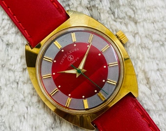 Vintage Favre Leuba Geneve Red Dial Mechanical Handwinding 17Jewels Cal 101 Swiss Made Wrist Watch