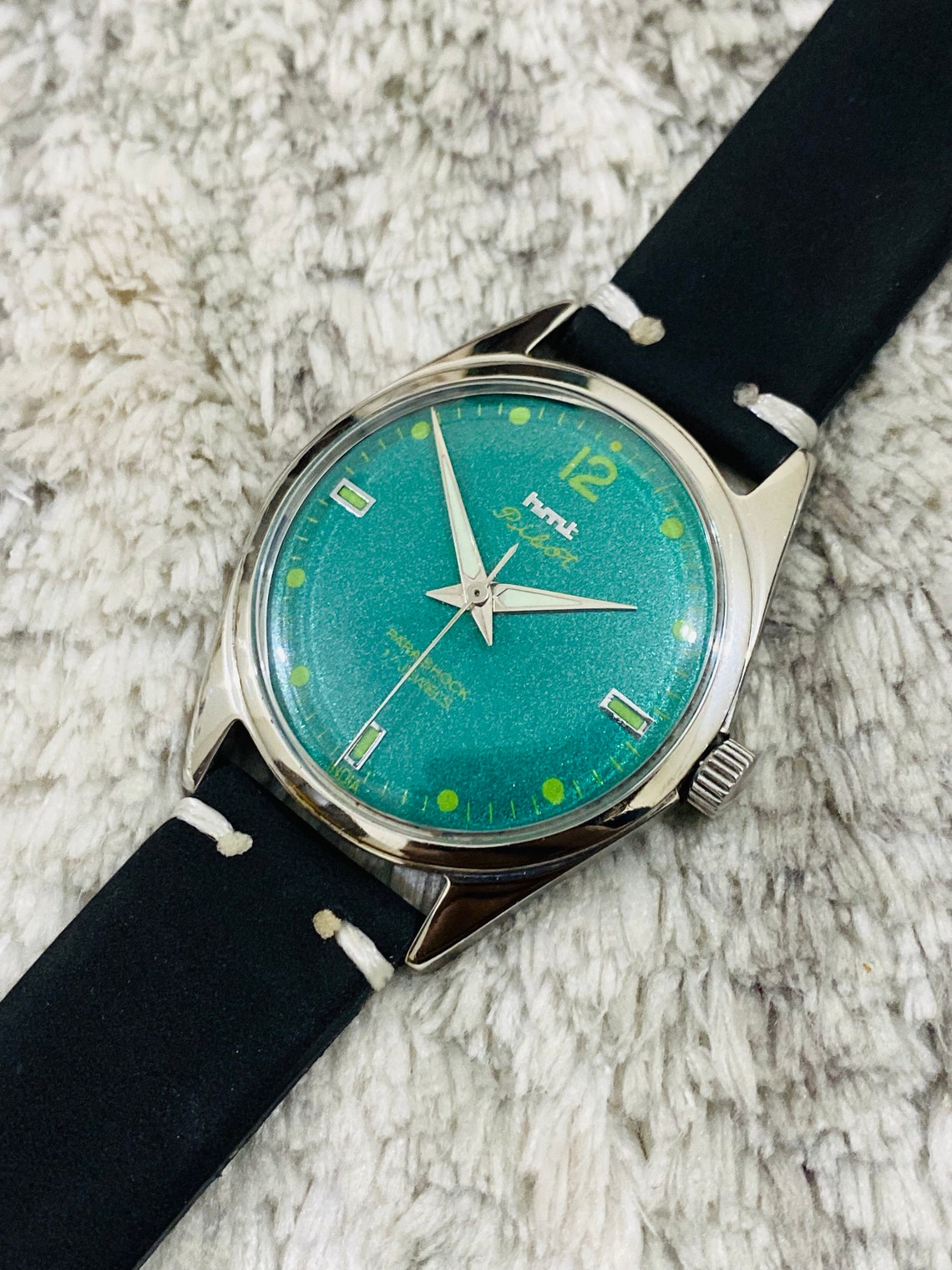 Vintage HMT Pilot Mechanical Handwinding Watch ~ Green Dial 17Jewels Mens Wrist Watch ~ Christmas Gift, foto 2 di 5