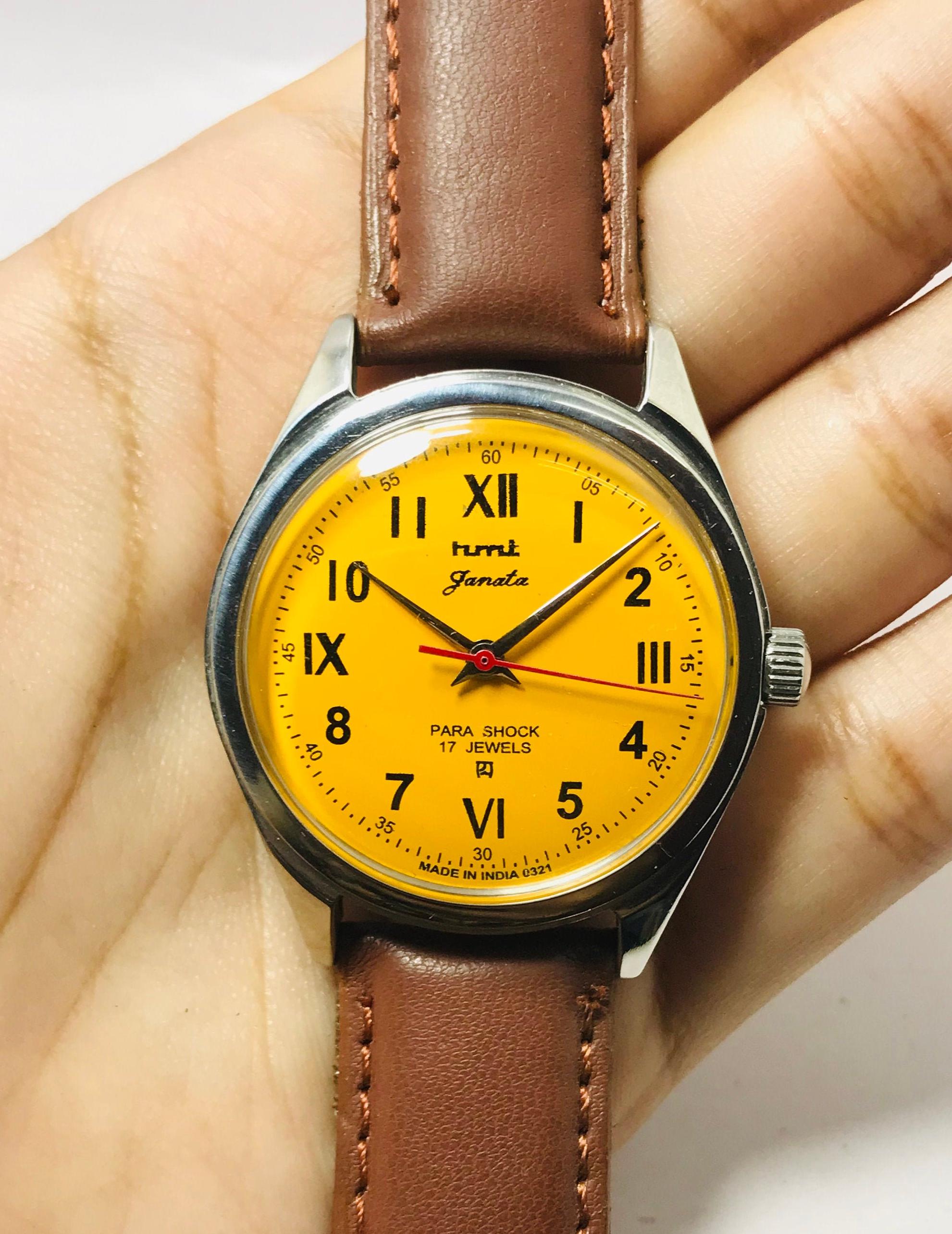 Vinatge hmt Janata Mechanical Manual Winding Yellow Dial Roman Numerals 17Jewels Mens Wrist Watch~ Christmas Sale