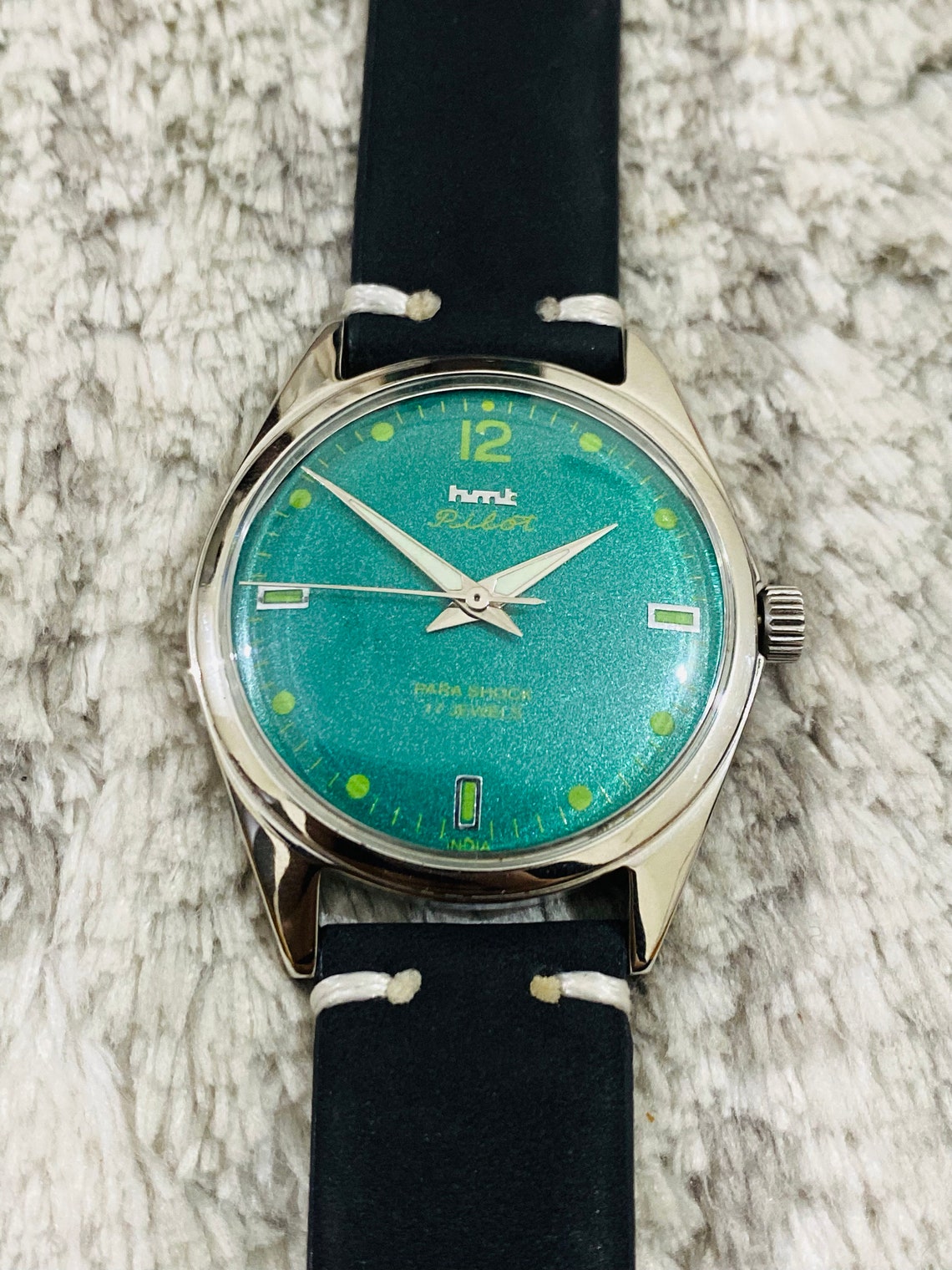 Vintage HMT Pilot Mechanical Handwinding Watch ~ Green Dial 17Jewels Mens Wrist Watch ~ Christmas Gift, foto 4 di 5