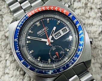 Vintage Seiko chronograph Blue Dial Date & Day Movement No 6139-6002 Automatic Japan Made Men’s Wrist Watch~ Gift for him~