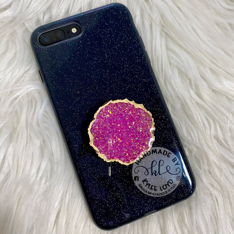 Faux GeodeAgate Glitter Resin Phone Grip hot pink *Perfect for gifts*