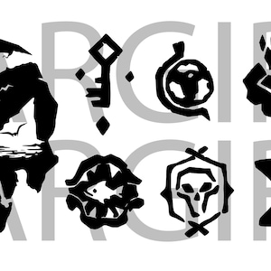 May include: Black and white graphic symbols, including a skull, a key, a globe, a flame, an hourglass, and a fish. The symbols are on a white background.