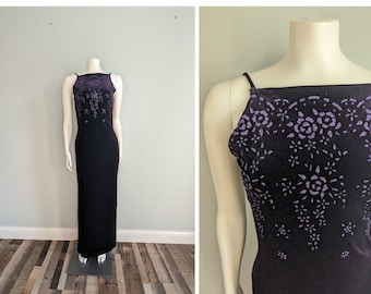 Vintage 90s prom dress | 1990s formal velvet floor length gown | spaghetti strap glitter dark purple with slits | Status Collection