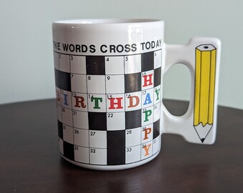 Vintage crossword puzzle  birthday coffee mug | retro tea cup | pencil The Words Cross Today Happy Birthday | campy funny novelty gift