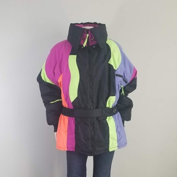 Vintage 90s neon winter coat | puffer belted ski jacket International Slazenger | fuchsia yellow black orange pink blue 1990 multicolor