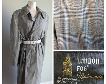 Vintage plaid trench coat gray London Fog Maincoats jacket Baltimore Maryland Oversized Chic Classic outerwear Pockets Button up Collar