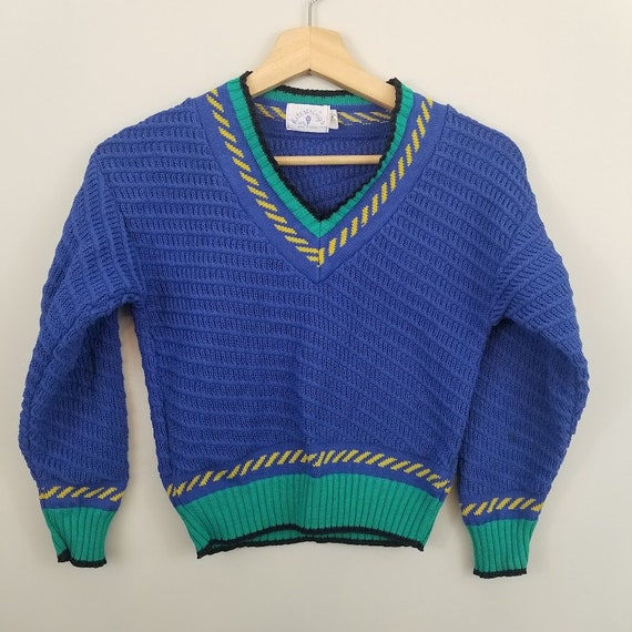 Vintage Childrens Sweater 1990s Blue Green Christmas Holiday