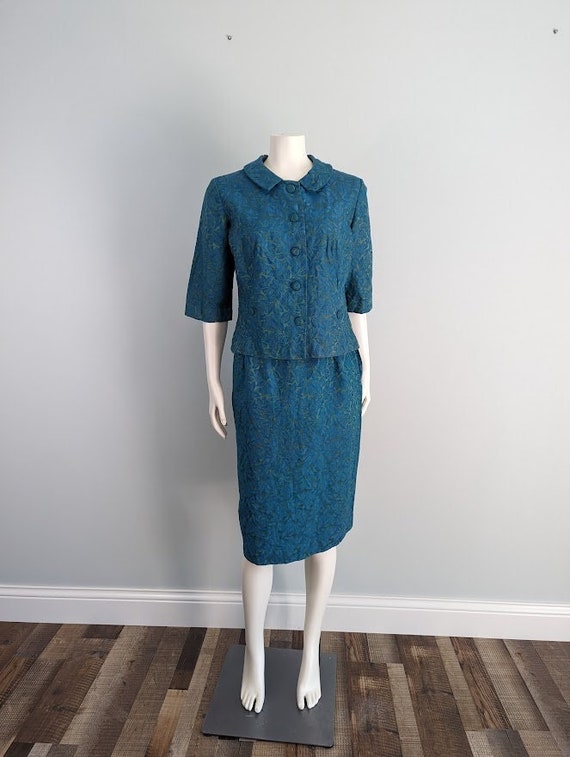 Vintage 60s brocade skirt suit | 1960s teal and b… - image 1