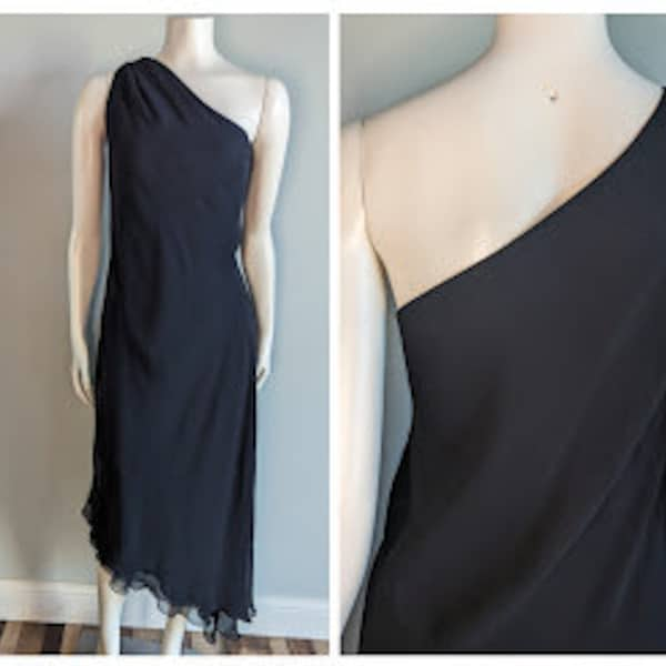 Vintage 90s black dress | A.B.S. Evening by Allen Schwartz 1990s | One shoulder ruching  Asymmetrical ruffled hemline  LBD formal prom gown