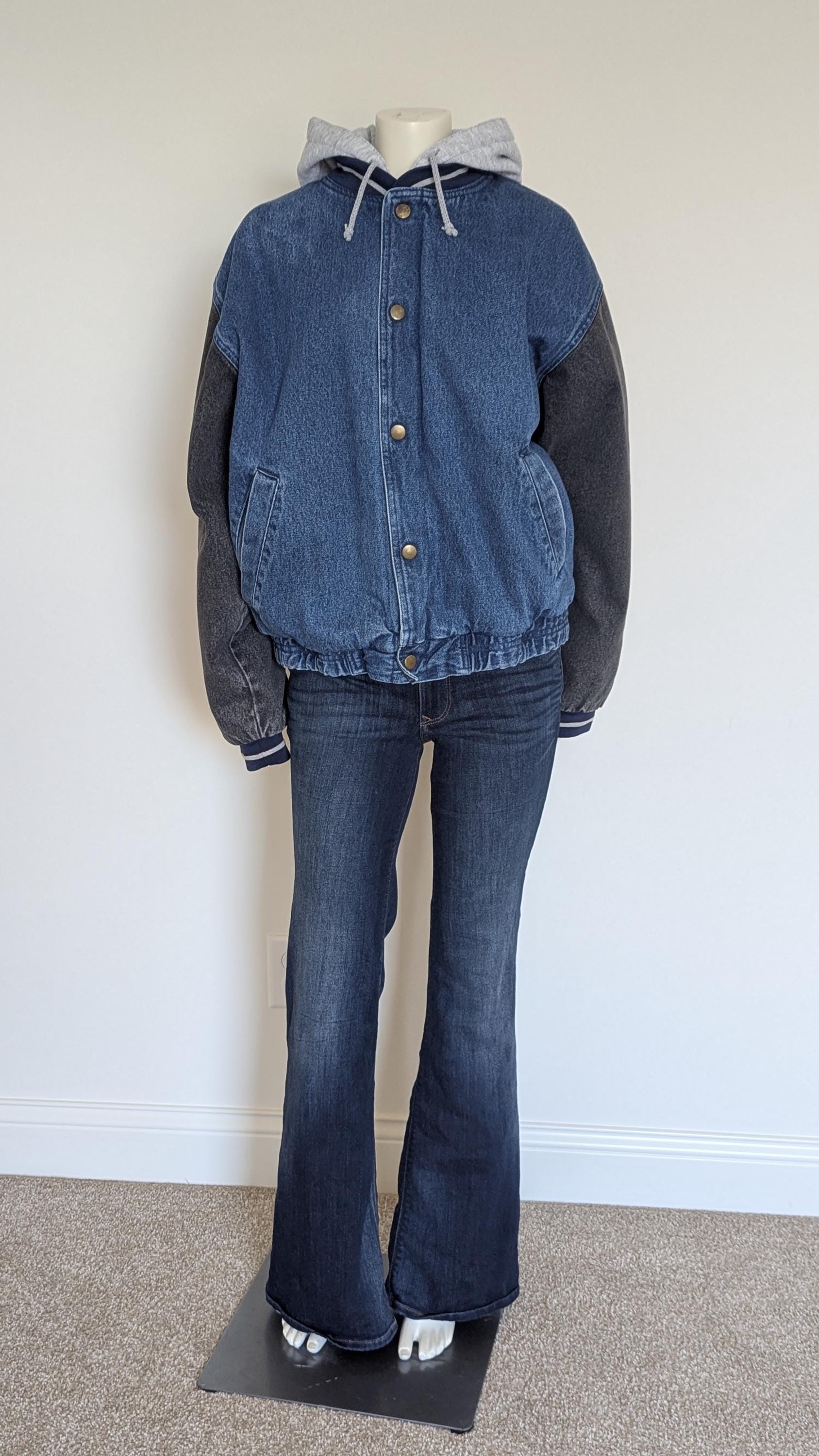 Vintage Denim Coat With Gray Hood | 90s Jean Jacket Button up 