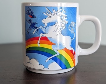Vintage 80s unicorn birds and rainbow mug | 1980s coffee tea cup |  whimsical ceramic drinkware | Retro birthday gift present