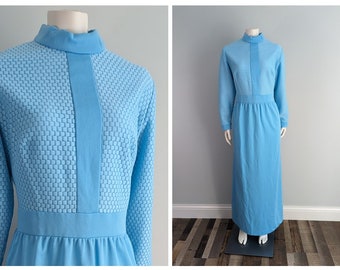 Vintage Sears baby blue 1960s dress | 60s floor length gown | mockneck long sleeve | Geometric bodice