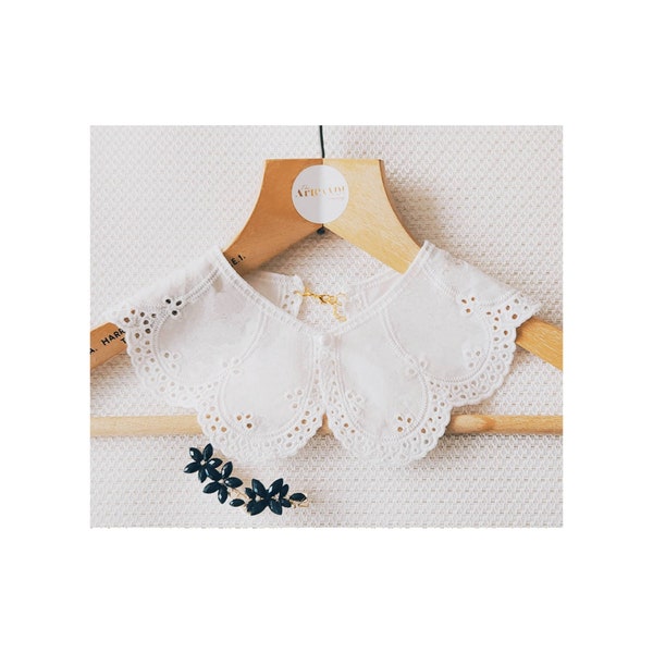 Scalloped Detachable Collar,Peter Pan collar,removable collar, broderie collar with ivory faux pearl.White frill collar,oversized collar