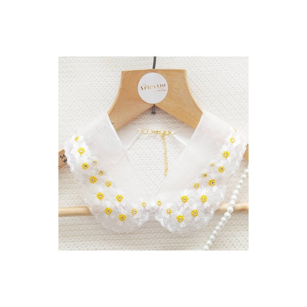 White and yellow detachable collar. Delicate white lace collar,detachable collar,chiffon collar with faux pearls & rhinestone crystals.