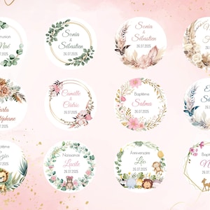 Etiquettes personnalisées rondes autocollantes mates de 3cm, 4cm, 4.5cm, 6cm, 8.5cm ou Perforées à trou de 3.8cm Mariage Baptême EVJF
