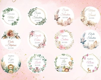 Etiquettes personnalisées rondes autocollantes mates de 3cm, 4cm, 4.5cm, 6cm, 8.5cm ou Perforées à trou de 3.8cm Mariage Baptême EVJF