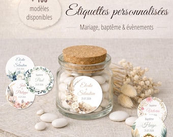 Etiquette personnalisée ronde autocollante mate 3cm, 4cm, 4.5cm, 6cm et 8.5cm de diamètre ou Perforée de 3,8cm Stickers Mariage Baptême