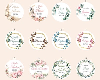 Etiquette personnalisée ronde autocollante 3cm, 4cm, 4.5cm, 6cm et 8.5cm de diamètre ou Perforée à trou de 3,8cm Stickers Mariage Baptême...