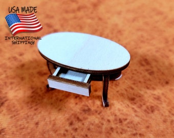 Oval Table & Drawer Furniture Kit (FTA), 1:24 scale, UNASSEMBLED, Laser Cut Wood, Whimsical or Fantasy, Cute Book Nook