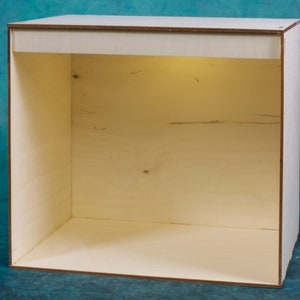 May include: A plain, light wood, empty display box with a light inside. The box is made of plywood and has a simple, rectangular shape.