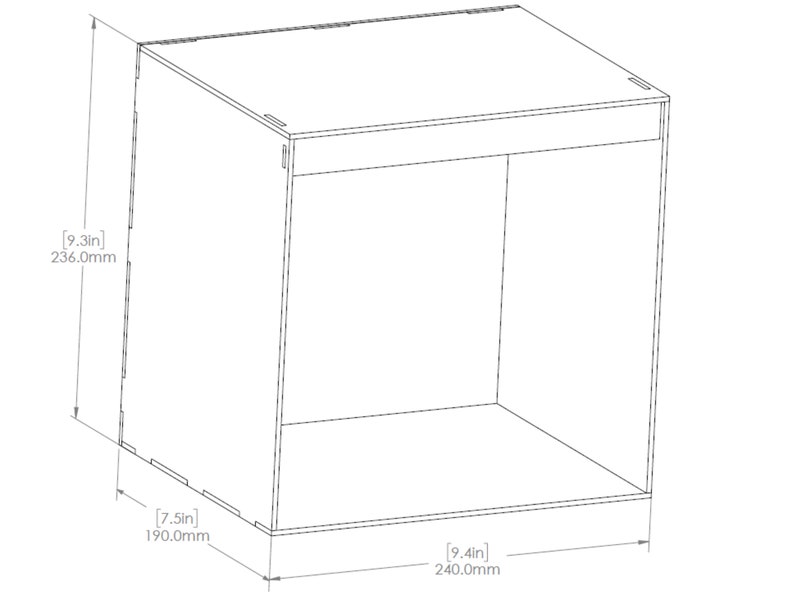 May include: A clear acrylic cube with dimensions of 9.3 inches by 7.5 inches by 9.4 inches. The cube is open on one side and has a removable top.