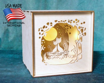 Book Nook "Moon and Back Cats" (MCAT), Diorama with Free Lighting, Blank Canvas, Laser Cut Wood