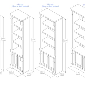 Pu&ograve; includere: Disegno a linea di quattro diverse dimensioni di librerie con porte o ripiani. Le librerie sono etichettate LBA 30, LBA 45, LBA 60 e LBA 80 TALL. Ogni libreria ha cinque ripiani e una base con un'opzione di porta o ripiano. Le librerie sono alte 76,2 cm, 114,3 cm, 152,4 cm e 203,2 cm.