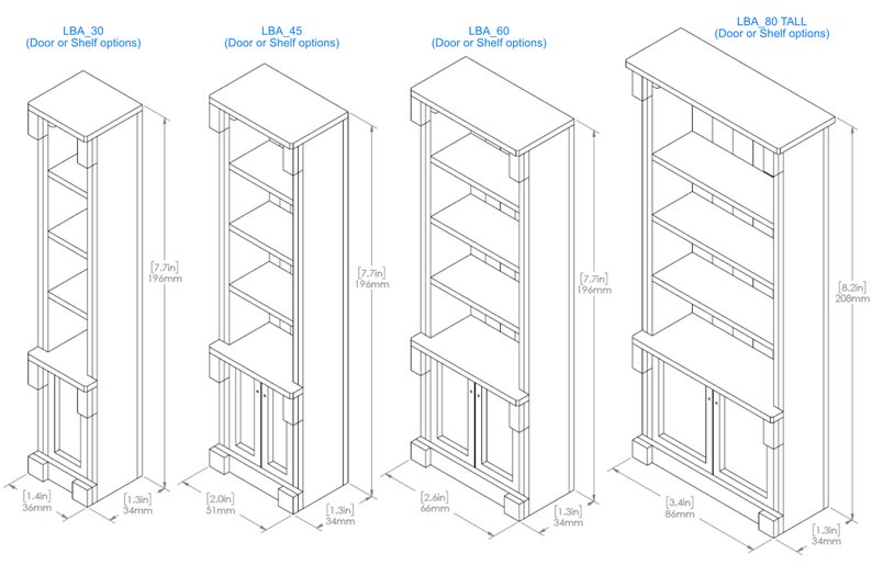 Pu&ograve; includere: Disegno a linea di quattro diverse dimensioni di librerie con porte o ripiani. Le librerie sono etichettate LBA 30, LBA 45, LBA 60 e LBA 80 TALL. Ogni libreria ha cinque ripiani e una base con un'opzione di porta o ripiano. Le librerie sono alte 76,2 cm, 114,3 cm, 152,4 cm e 203,2 cm.