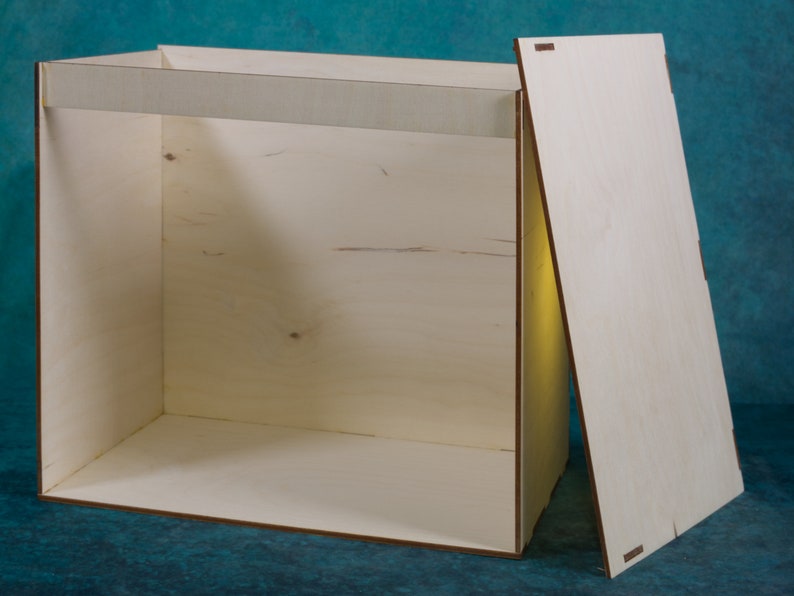 May include: A wooden photography box with a removable back panel. The box is made of light wood and has a simple design.