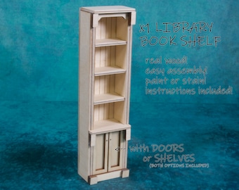 Library Book Shelf Kit, Doll House, Book Nook, Diorama, (LBA45), unassembled, Laser Cut Wood