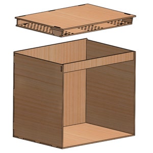 May include: A wooden box with a removable lid. The lid has a grid pattern and is made of wood. The box is empty.
