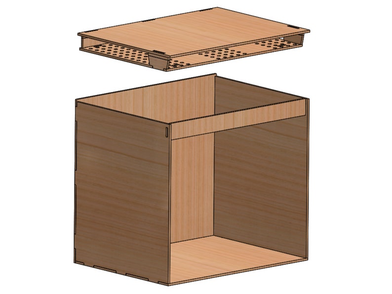 May include: A wooden box with a removable lid. The lid has a grid pattern and is made of wood. The box is empty.