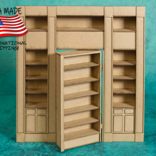 Hidden Door Library Wall with Hinged Door (LBH) - 9.25" x 9.75" chip board - for Dollhouse, Diorama, Book Nook
