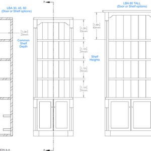 Pu&ograve; includere: Disegno a linea di una libreria con tre ripiani e una porta in basso. La libreria &egrave; alta 80 pollici e ha una profondit&agrave; di 1 pollice o 25 mm. I ripiani sono alti 1,1 pollici o 29 mm. La porta &egrave; alta 1,8 pollici o 45 mm. La libreria &egrave; etichettata "LBA 80 TALL (Door or Shelf options)".