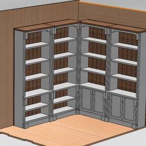 Pu&ograve; includere: Una libreria ad angolo con finitura grigio chiaro e ripiani in legno. La libreria ha due set di doppie porte nella parte inferiore.