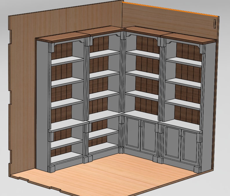 Pu&ograve; includere: Una libreria ad angolo con finitura grigio chiaro e ripiani in legno. La libreria ha due set di doppie porte nella parte inferiore.