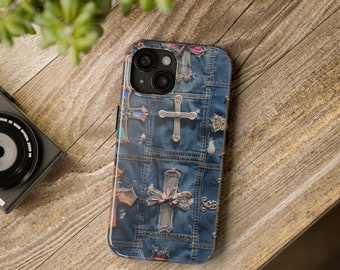 Gothic Crosses on Denim Patchwork Phone Case - RLSTC1-1-PC